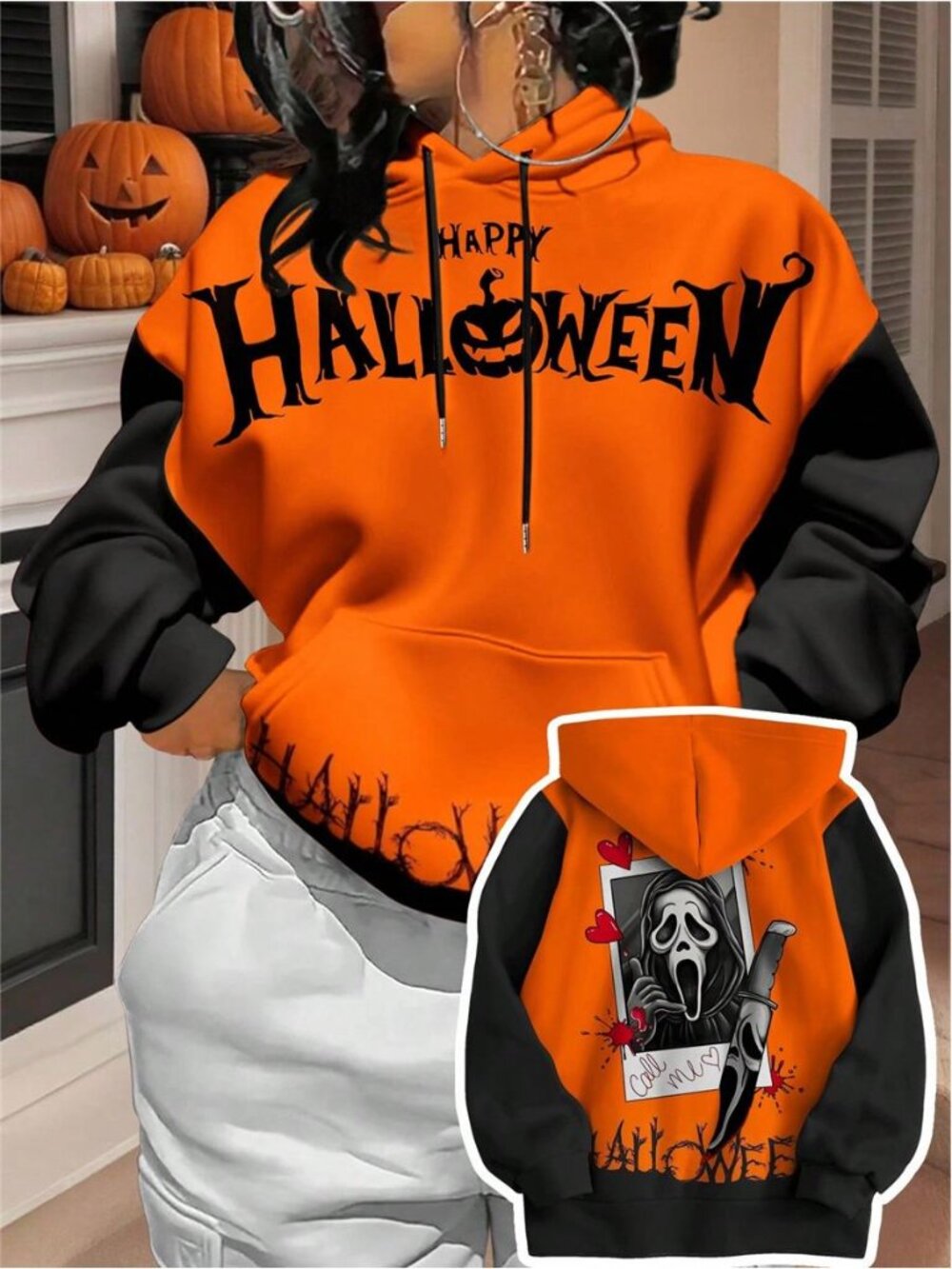 LocalPlus Size Women's Hooded Digital Print Pattern Loose Knit Sweatshirt,